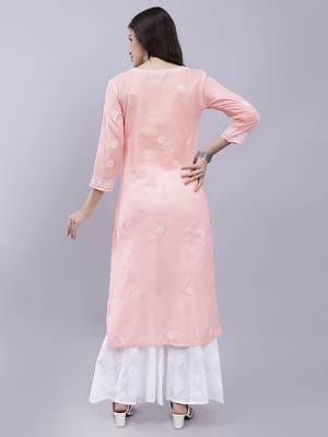 hand embroidered peach terivoil cotton lucknowi chikan kurta 5