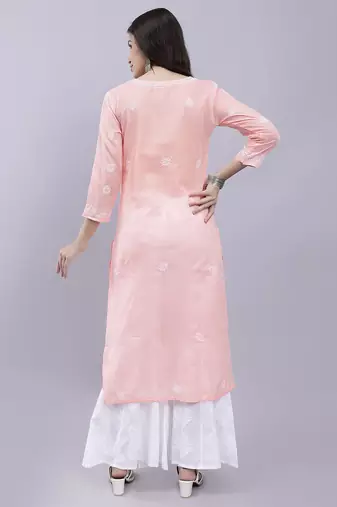 hand embroidered peach terivoil cotton lucknowi chikan kurta
