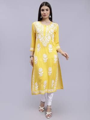 Seva chikan hand embroidered yellow modal lucknowi chikan kurta 1