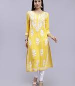 Seva chikan hand embroidered yellow modal lucknowi chikan kurta