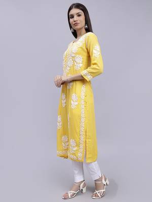 Seva chikan hand embroidered yellow modal lucknowi chikan kurta 2