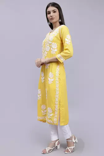 Seva chikan hand embroidered yellow modal lucknowi chikan kurta