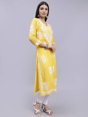 Seva chikan hand embroidered yellow modal lucknowi chikan kurta 3