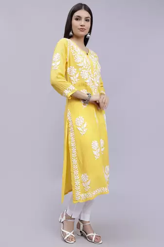 Seva chikan hand embroidered yellow modal lucknowi chikan kurta