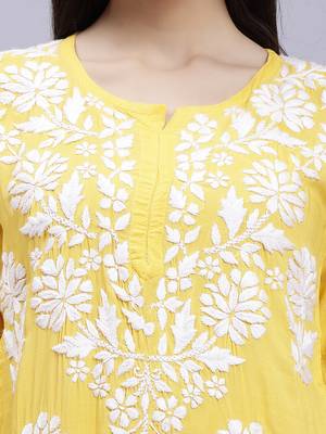 Seva chikan hand embroidered yellow modal lucknowi chikan kurta 4