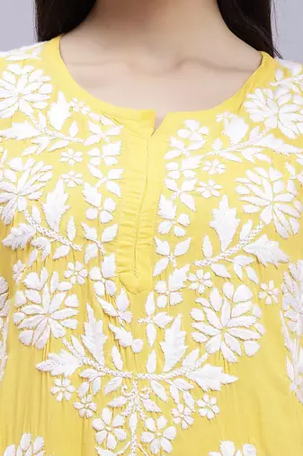 Seva chikan hand embroidered yellow modal lucknowi chikan kurta