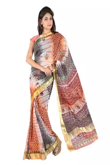 Golden Border Floral Print Fancy Kota Doria Saree Diwali Gift 226