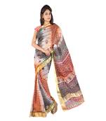 Golden Border Floral Print Fancy Kota Doria Saree Diwali Gift 226
