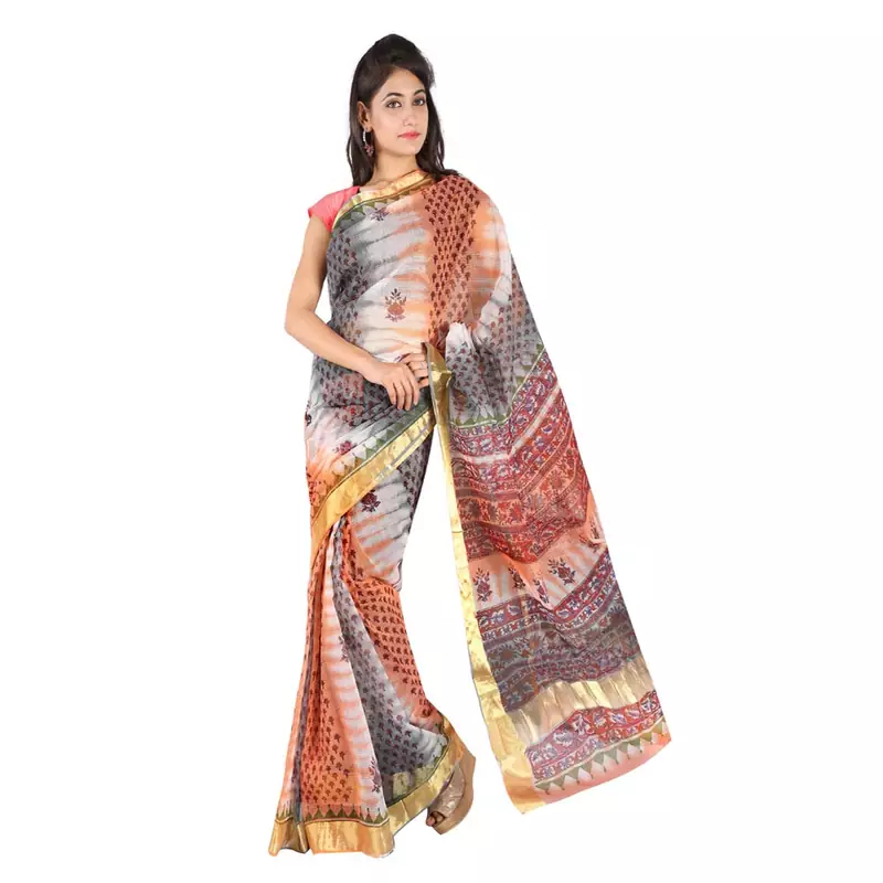 Golden Border Floral Print Fancy Kota Doria Saree Diwali Gift 226
