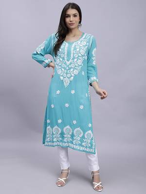 hand embroidered turquoise modal lucknowi chikan kurta 1