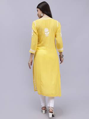 Seva chikan hand embroidered yellow modal lucknowi chikan kurta 5