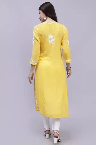 Seva chikan hand embroidered yellow modal lucknowi chikan kurta