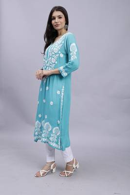 hand embroidered turquoise modal lucknowi chikan kurta 2