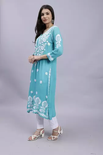 hand embroidered turquoise modal lucknowi chikan kurta