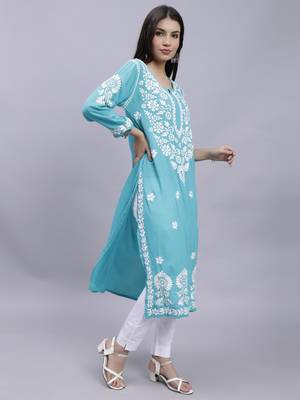 hand embroidered turquoise modal lucknowi chikan kurta 3