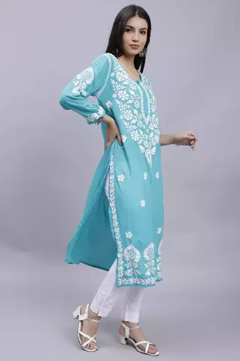 hand embroidered turquoise modal lucknowi chikan kurta