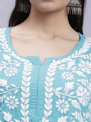 hand embroidered turquoise modal lucknowi chikan kurta 4