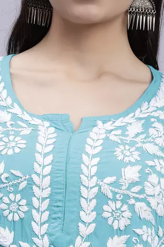 hand embroidered turquoise modal lucknowi chikan kurta