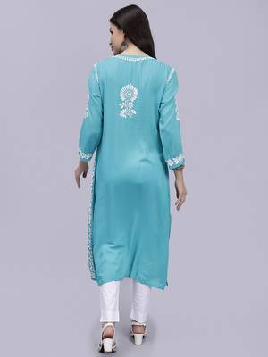 hand embroidered turquoise modal lucknowi chikan kurta 5