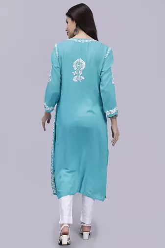 hand embroidered turquoise modal lucknowi chikan kurta