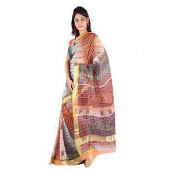 Golden Border Floral Print Fancy Kota Doria Saree Diwali Gift 226 3