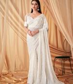 DESIGNER WEDDING PARTY WEAR GEORGETTE SEQUNCE WHITE SAREE WITH BLOUSE