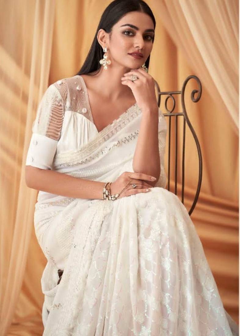 DESIGNER WEDDING PARTY WEAR GEORGETTE SEQUNCE WHITE SAREE WITH BLOUSE