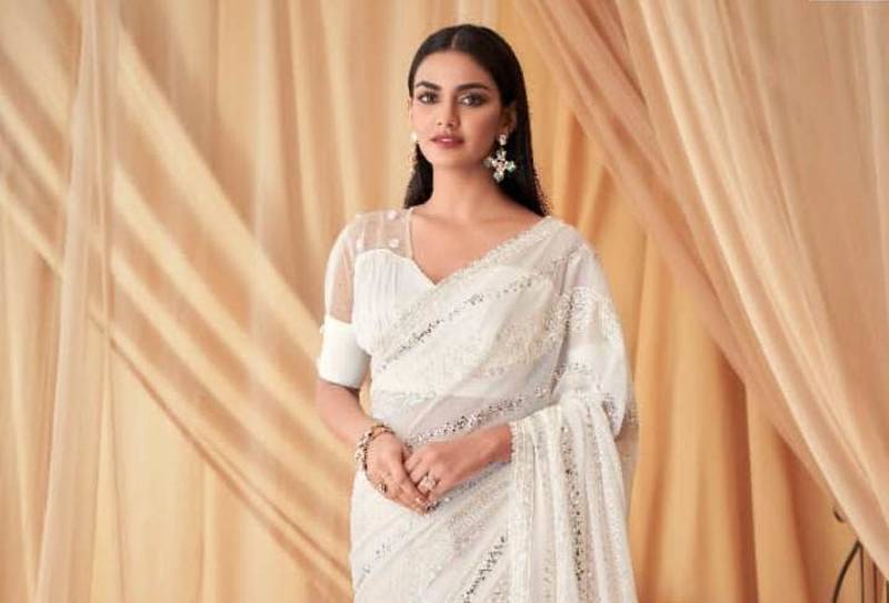DESIGNER WEDDING PARTY WEAR GEORGETTE SEQUNCE WHITE SAREE WITH BLOUSE