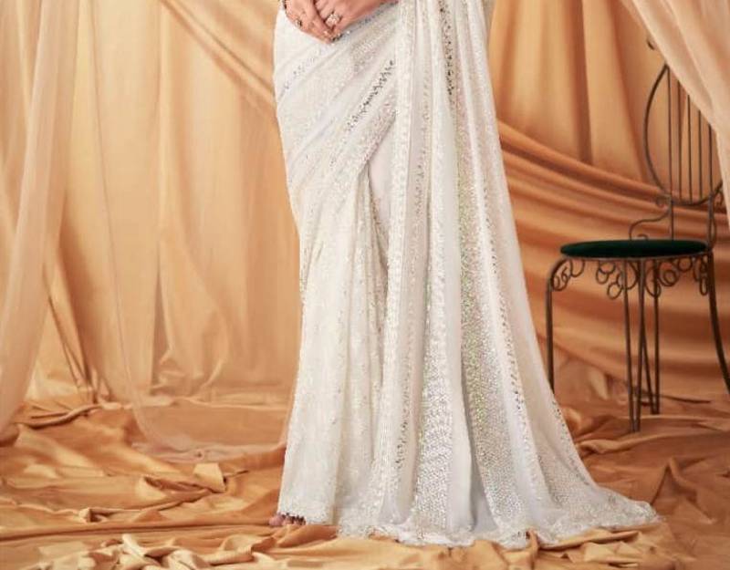 DESIGNER WEDDING PARTY WEAR GEORGETTE SEQUNCE WHITE SAREE WITH BLOUSE