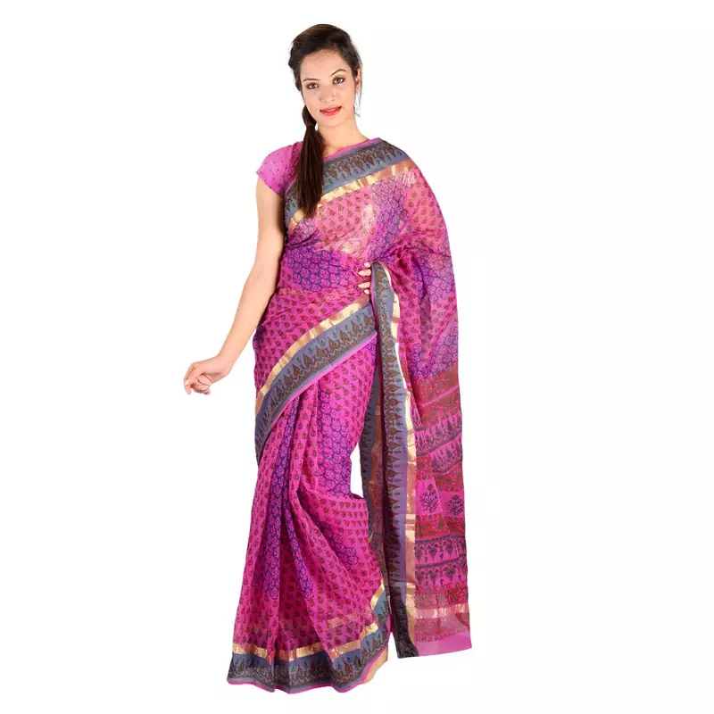 Floral Lehariya Designer Magenta Kota Doria Saree Deepawali Special Gift 229