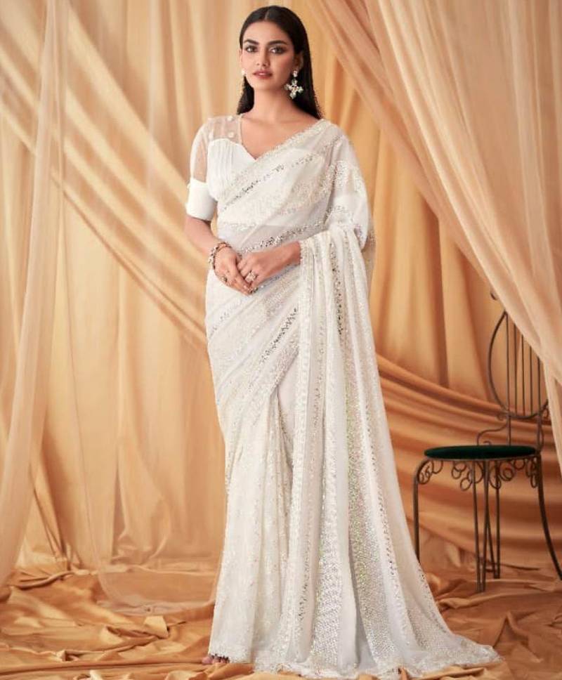 DESIGNER WEDDING PARTY WEAR GEORGETTE SEQUNCE WHITE SAREE WITH BLOUSE