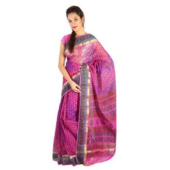Floral Lehariya Designer Magenta Kota Doria Saree Deepawali Special Gift 229 3