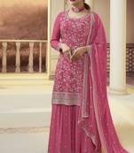 Pink colour bollywood style heavy work partywear sharara dress on chinon fabric