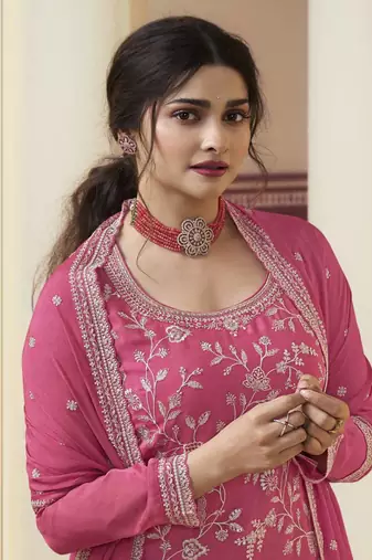 Pink colour bollywood style heavy work partywear sharara dress on chinon fabric
