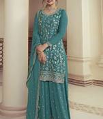 Blue colour bollywood style heavy work partywear sharara dress on chinon fabric