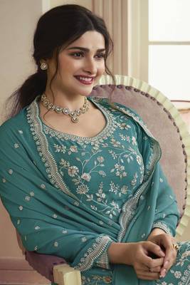 Blue colour bollywood style heavy work partywear sharara dress on chinon fabric 2