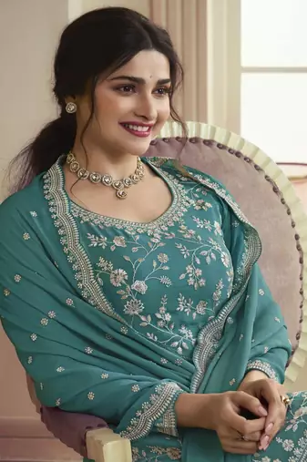 Blue colour bollywood style heavy work partywear sharara dress on chinon fabric