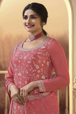 Peach colour bollywood style heavy work partywear sharara dress on chinon fabric 2