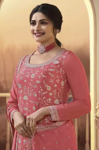 Peach colour bollywood style heavy work partywear sharara dress on chinon fabric