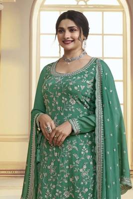 Green colour bollywood style heavy work partywear sharara dress on chinon fabric 2