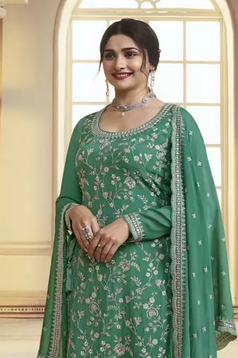Green colour bollywood style heavy work partywear sharara dress on chinon fabric