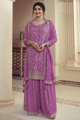 Purple colour bollywood style heavy work partywear sharara dress on chinon fabric 1