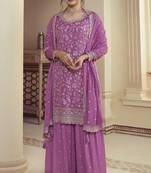 Purple colour bollywood style heavy work partywear sharara dress on chinon fabric