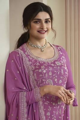 Purple colour bollywood style heavy work partywear sharara dress on chinon fabric 2