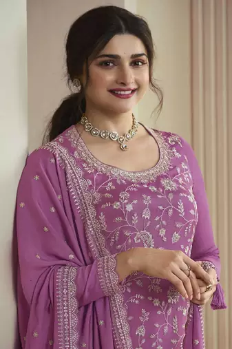 Purple colour bollywood style heavy work partywear sharara dress on chinon fabric