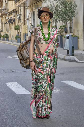 Elegant Multi Colour Satin Georgette Lightweight Saree