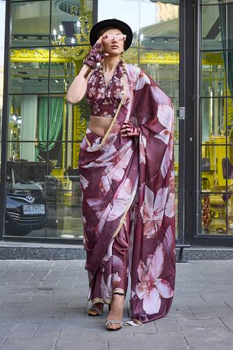 Elegant Wine Colour Satin Georgette Lightweight Saree