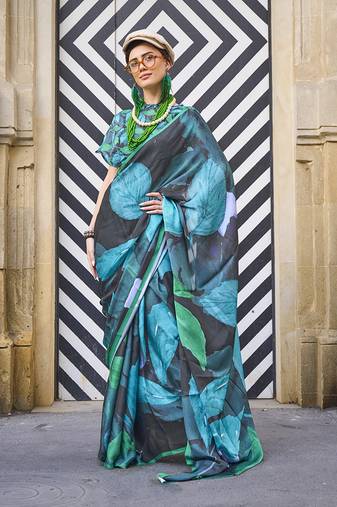 Elegant Black Colour Satin Georgette Lightweight Saree