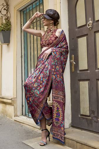 Elegant Wine Colour Satin Georgette Lightweight Saree