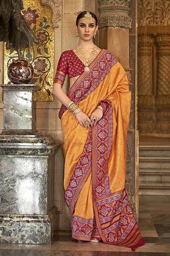 Orange Colour Patola Silk Blend Sarees With Motifs